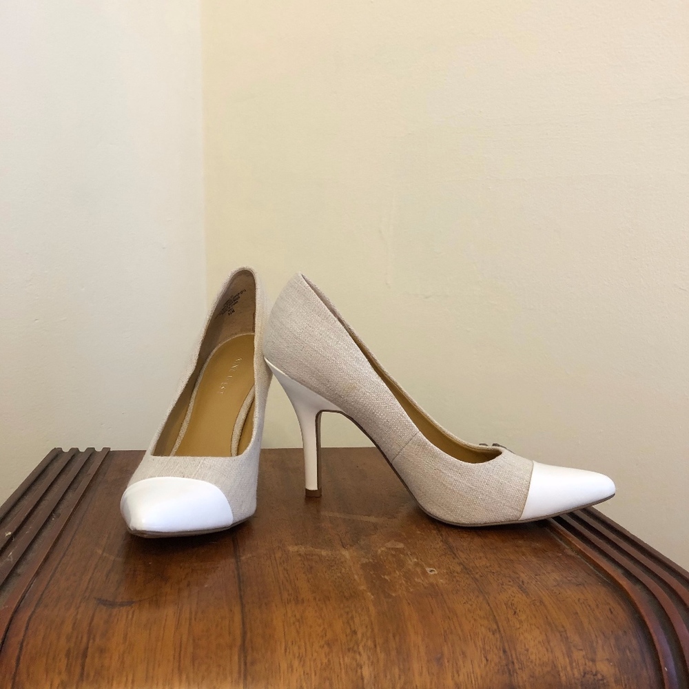 Nine West, pumps, canvas and White patent leather